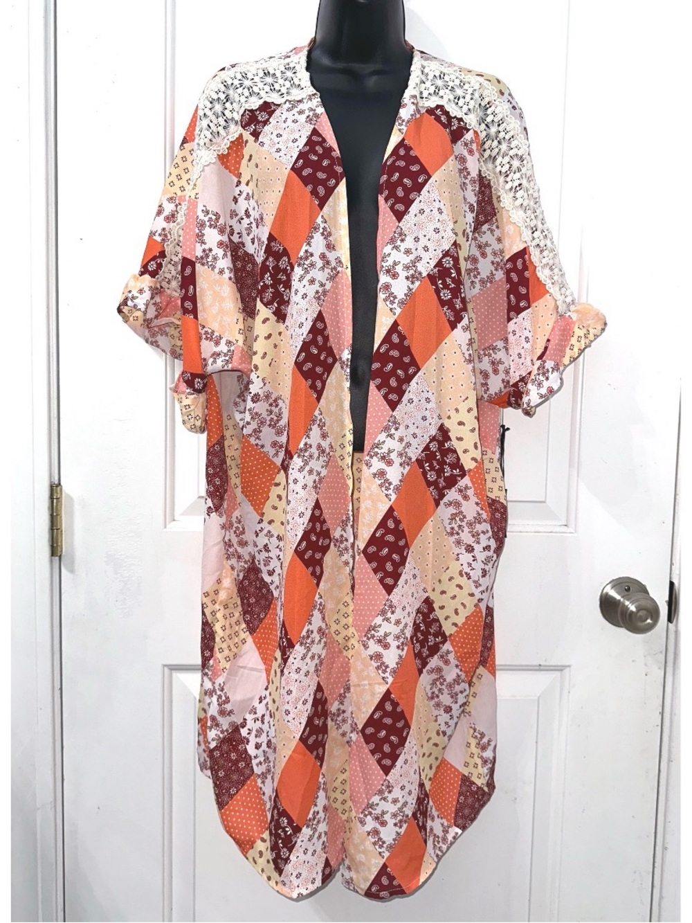 3rd + Malt Patchwork Boho Kimono Duster Cardigan, size Large NWT
